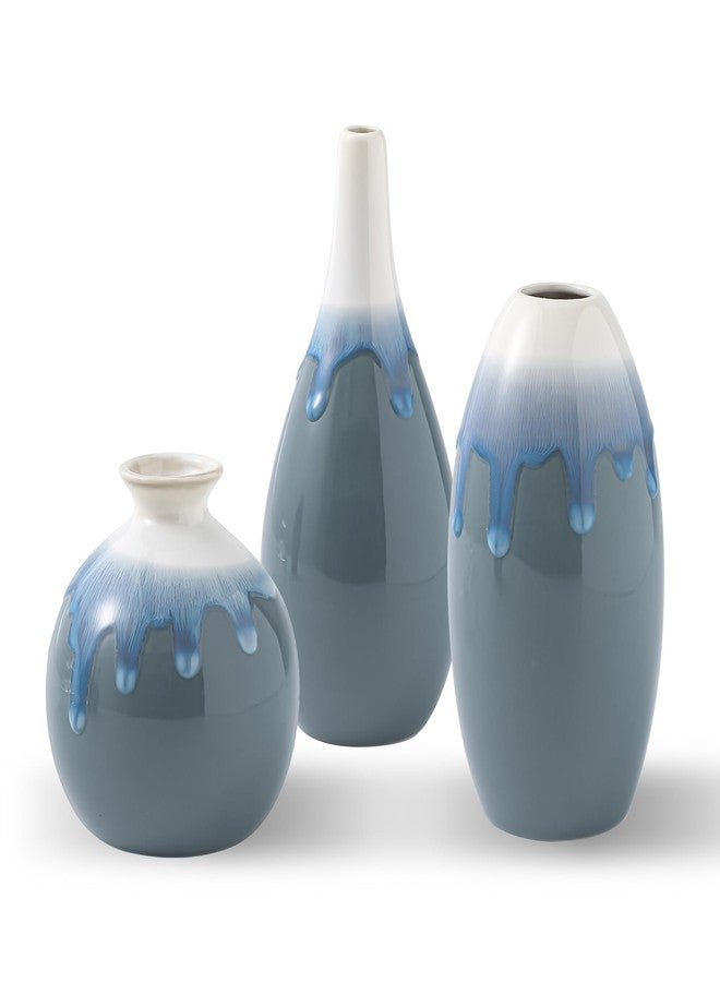 SiegenPro Ceramic Vase Set of 3, Farmhouse Decor, Home Decorative Vases for Kitchen, Bedroom, Office, Living Room, Bathroom, Shelf Centerpiece Table, Terracotta Pottery Vases Set Gift Blue - Image 1